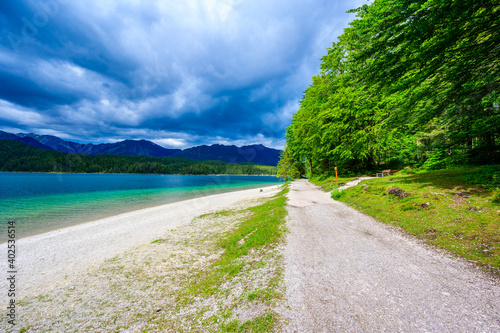 Paradise beach at Eibsee lake.  Beautiful landscape scenery with clear blue water in German Alps at Zugspitze mountain - Garmisch Partenkirchen  Grainau - Bavaria  Germany  Europe.