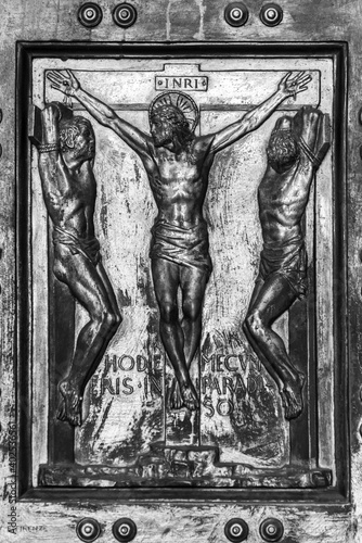 Crucifixion scene carved on bronze door