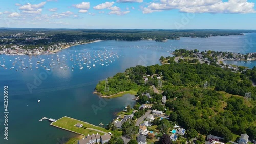 Aerial view of Salem Neck historic district, Danvers River, Beverly Harbor and Essex Bridge connecting Salem and Beverly in City of Salem, Massachusetts MA, USA.	 photo