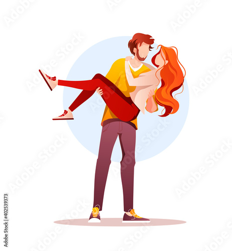 Young couple in love. Loving man carrying a woman in his arms. Valentine's day, Romantic, Relationship, Love, Date concept. Isolated vector illustration for banner, poster, card, postcard.