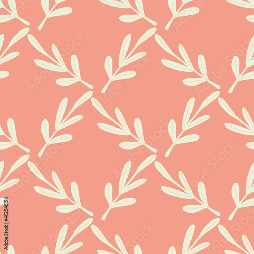 Abstract herbal seamless pattern with white leaf branches ornament. Pink background.