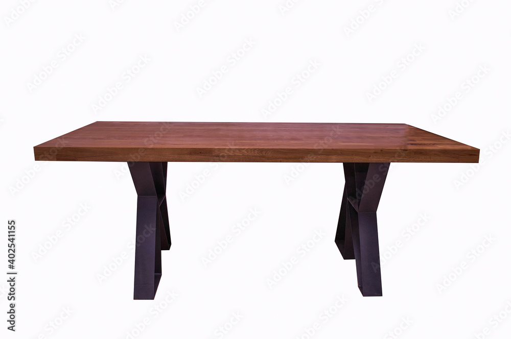 wooden lacquered table with black metal legs on white background. Interior element wooden lacquered table with black metal legs on white background. Interior element
