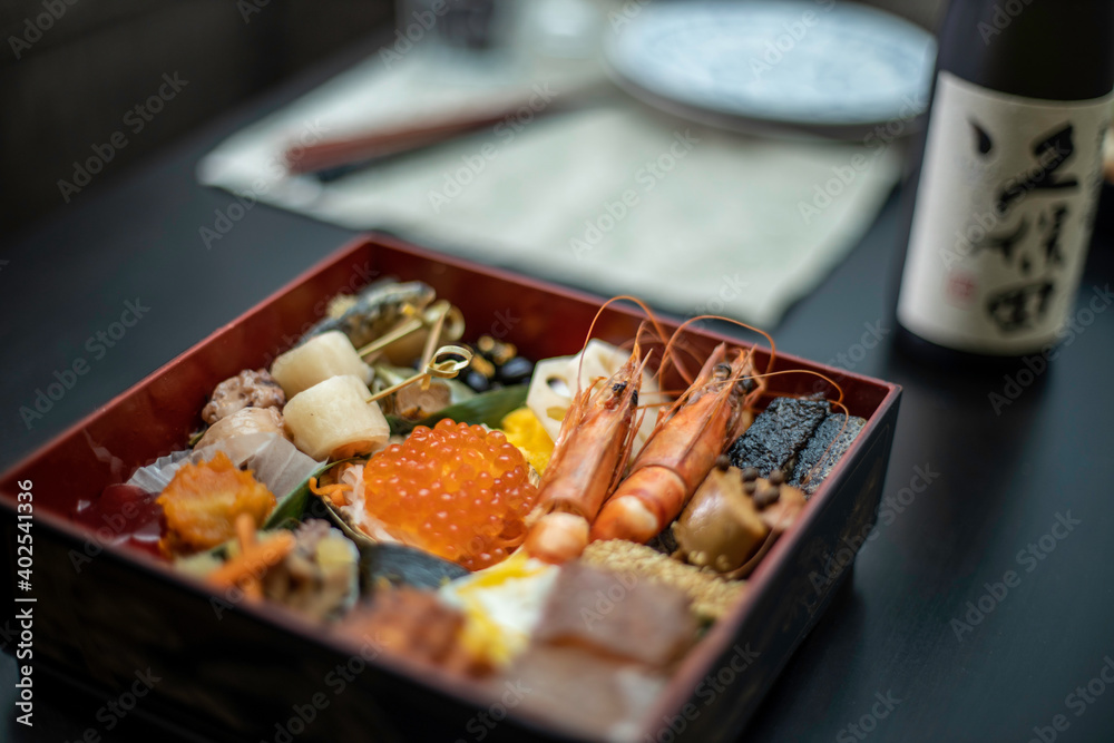 Osechi dinner box over the table Osechi dinner box over the table