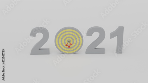 2021 target reach bullseye of dartboard, achievement goal success concept, 3D rendering illustration 