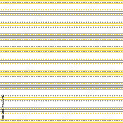 Illuminating yellow and ultimate gray seamless horizontal striped pattern, vector illustration. Seamless pattern with yellow and gray lines with dots on white. Stripes geometric background