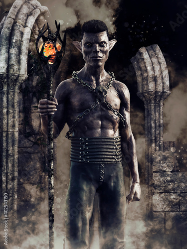 Fantasy scene with a dark elf holding a flaming staff and standing among the ruins of an ancient temple. 3D render - the man in the image is a 3D object.