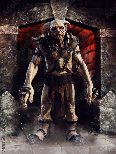 Fantasy goblin warrior wearing armor, standing in front of an entrance to a narrow corridor. 3D render. © Obsidian Fantasy