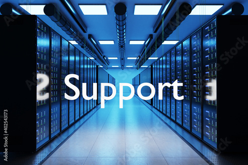 internet support service logo in large modern data center with multiple rows of server racks, 3D Illustration photo