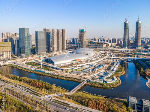 Aerial photography of Hangzhou modern architecture skyline