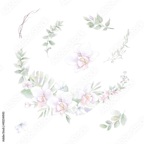 Set of watercolor Flowers orchids, watercolor illustration © Yuliya
