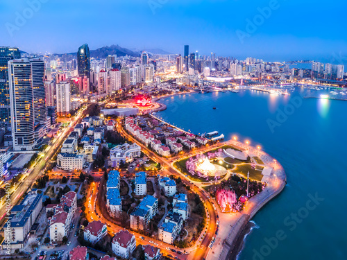 Aerial photography of Qingdao urban landscape at night