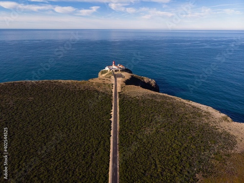 Aerial panorama of road to Cabo de Sao Vicente Cape St Vincent mediterranean Algarve cliff atlantic coast beach Sagres