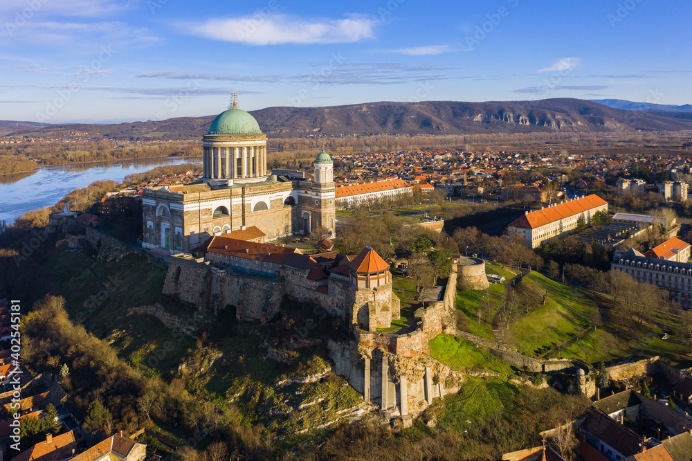 Esztergom, Hungary - Aerial view of the beautiful Basilica of Esztergom near river Danube