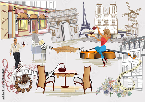 Set of Paris illustrations with fashion girls, cafes and musicians. Vector illustration.