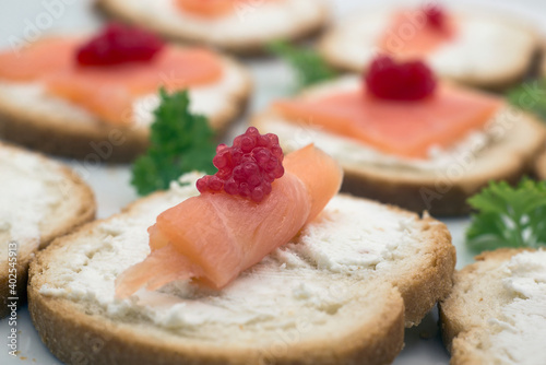 Closeup of appetizers toast with salmon and cheese in a white plate