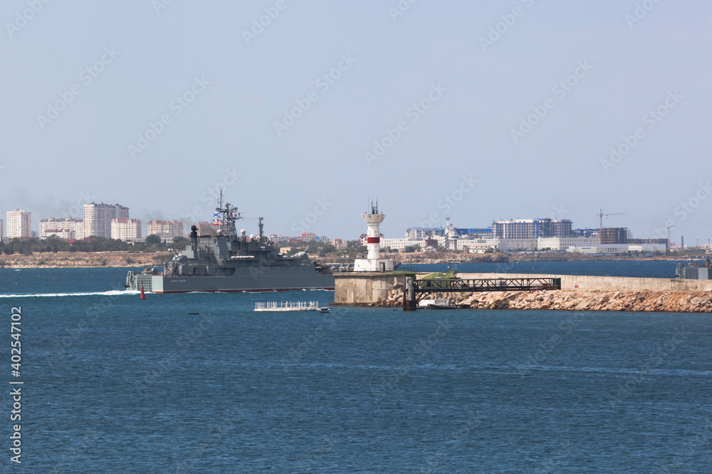 Large landing ship Caesar Kunikov leaves the Sevastopol Bay, Crimea