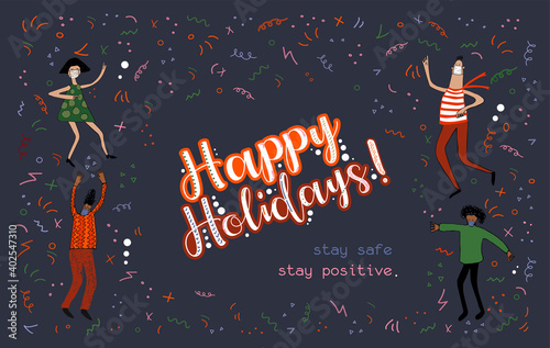 Holiday party concept with people dancing in face masks. Vector. Happy holidays
