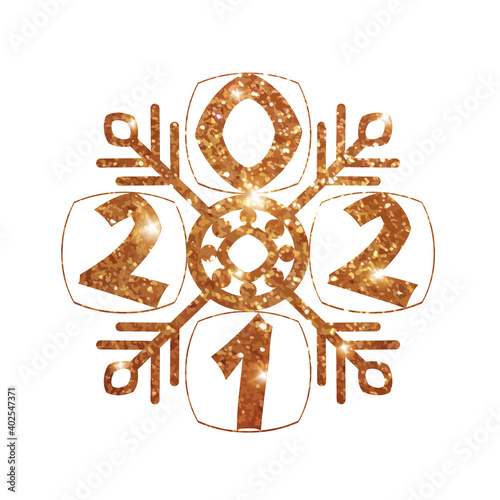 Golden glitter snowflake illustration on white background. Christmas and winter theme