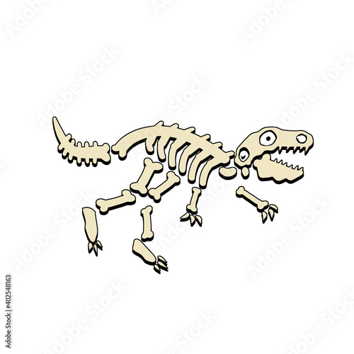 Dinosaur skeleton. Bones of a prehistoric lizard. The Halloween element. Funny monster. Archeology and history. Cartoon dino illustration