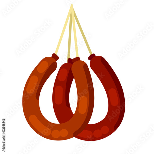 Krakow sausage. National Polish food. European delicacy. Bundle of Meat product on rope.