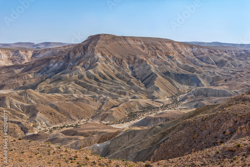 Zin Valley in the middle of Negev Desert in Israel. Top view from the Midreshet Ben-Gurion