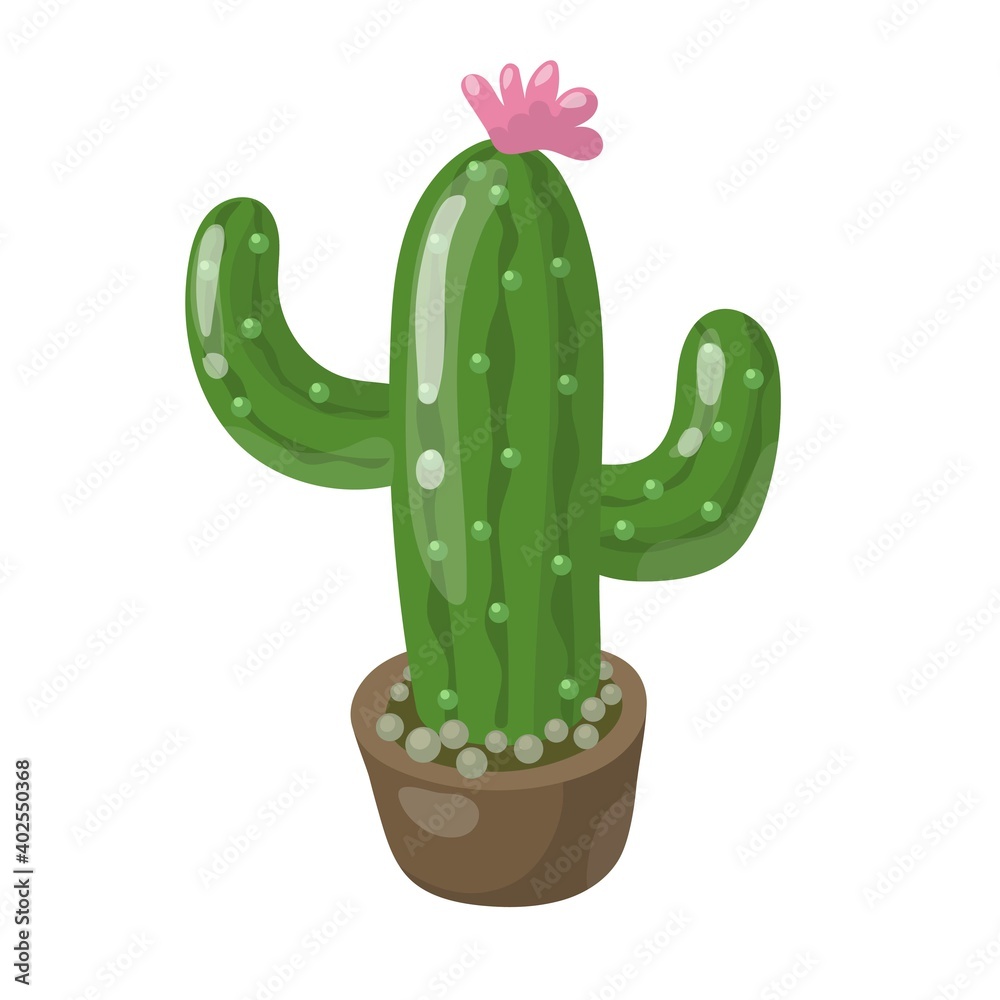 Cartoon cactus in pot. Pink flower. Vector illustration isolated on white background