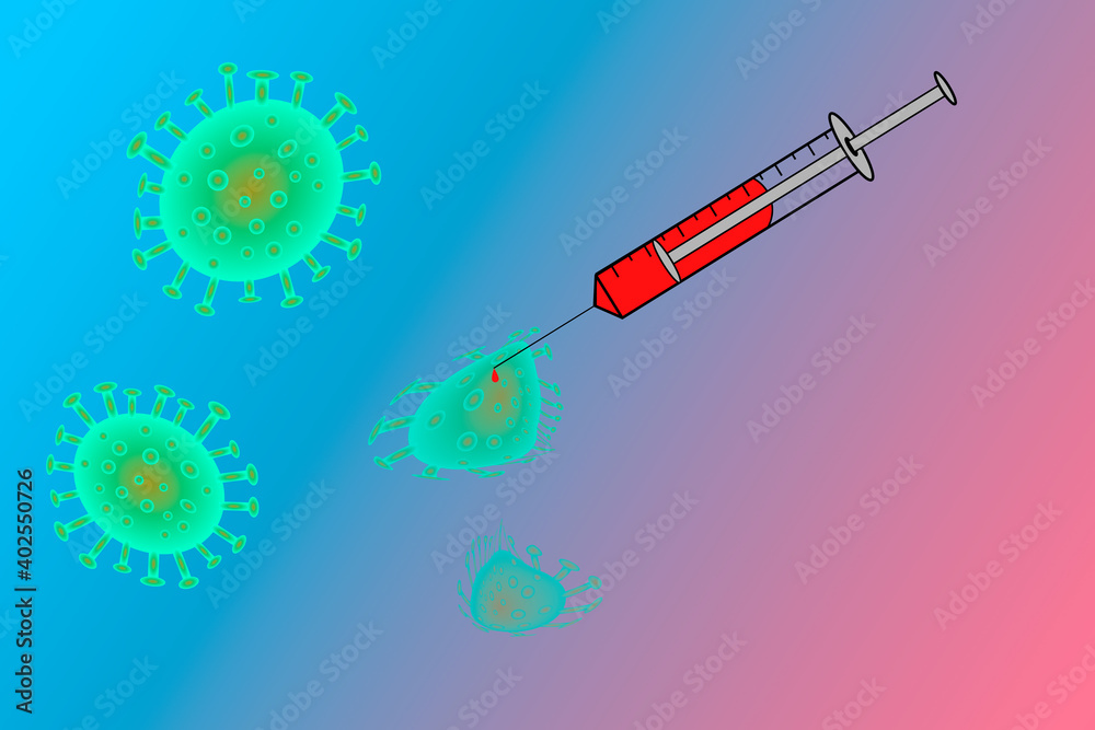 Ein COVID-19 Virus wird mit einer Spritze geimpft und dadurch unschädlich gemacht Ein COVID-19 Virus wird mit einer Spritze geimpft und dadurch unschädlich gemacht