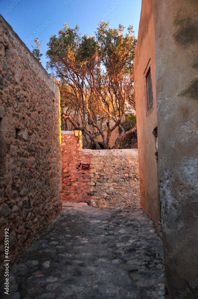 Alley in the he old town of Monemvassia at dawn