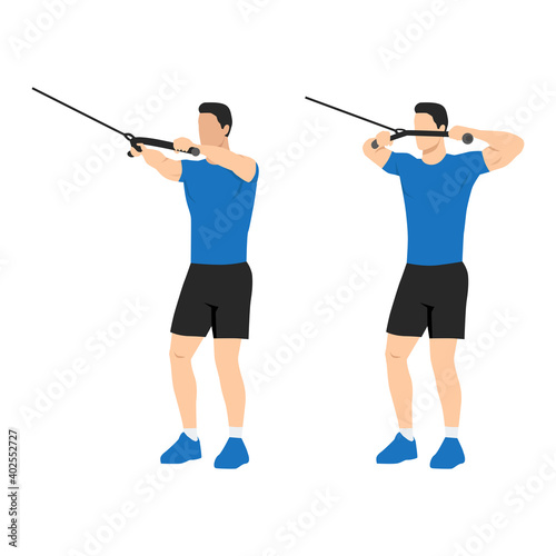 Man doing cable face pull exercise. Flat vector illustration. Shoulder exercise