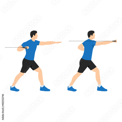 Man cable push chest exercise. Flat vector illustration isolated on white  background