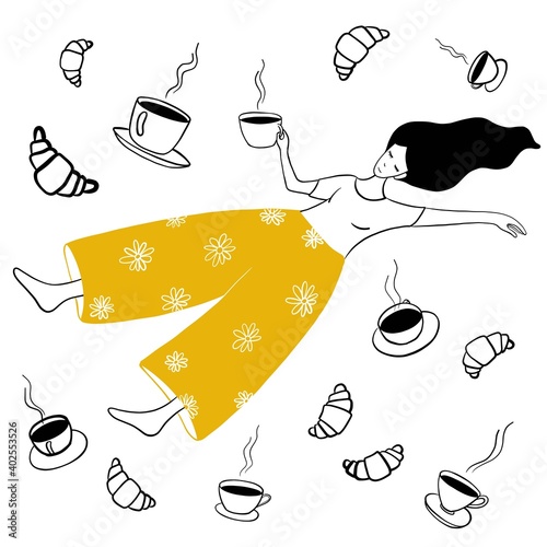 young girl surrounded by cups of coffee and tasty croissants, abstract flat vector illustration, fantasy morning fly, good morning, hand drawn isolated elements