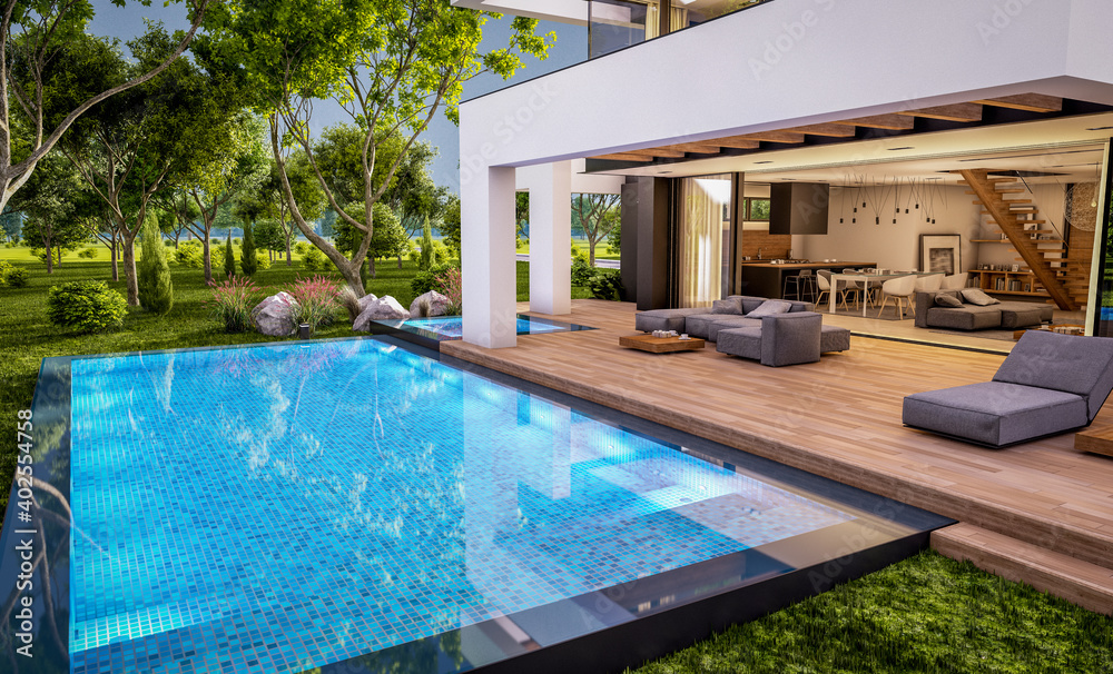 3d rendering of modern cozy house with pool and parking for sale or rent in luxurious style and beautiful landscaping on background. Clear summer evening with cozy light from window