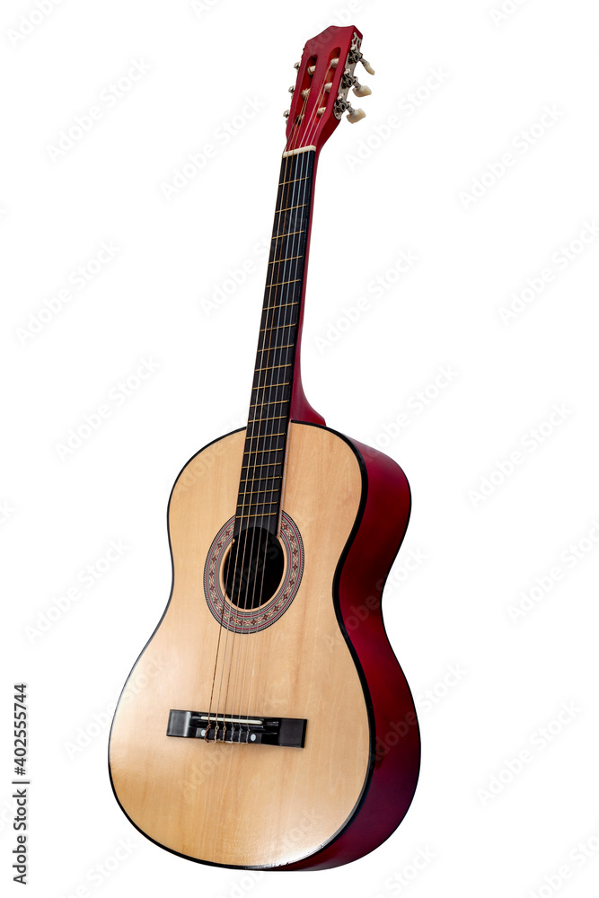 Obraz premium Popular entertainment, blues music song and stringed musical instrument concept with picture of wood acoustic guitar isolated on white background with clipping path cutout