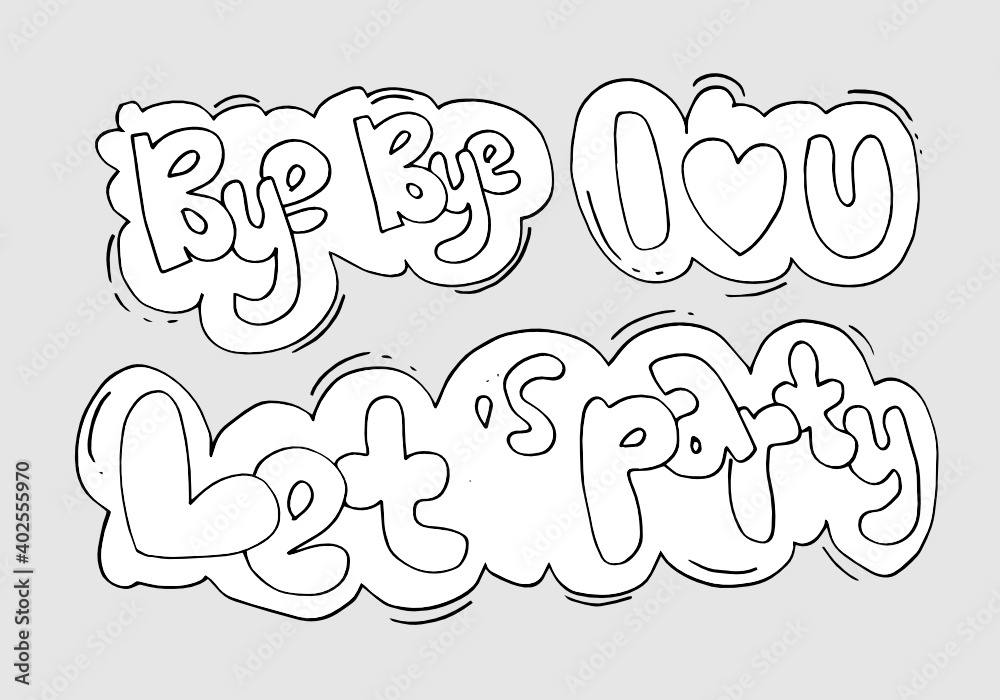 Hand drawn arrows, borders set with handwritten text: let's party,I love U,bye bye. Vector icon. Hand drawn arrows, borders set with handwritten text: let's party,I love U,bye bye. Vector icon.