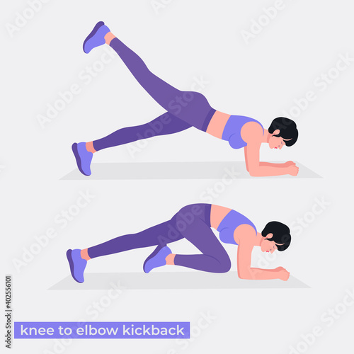 knee to elbow kickback exercise, Women workout fitness, aerobic and exercises. Vector Illustration.