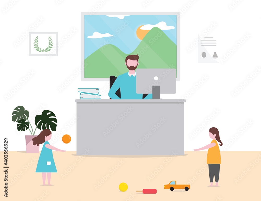 Working from home with children playing naughty,work at home,coronavirus covid-19 concept, vector illustration flat style Working from home with children playing naughty,work at home,coronavirus covid-19 concept, vector illustration flat style