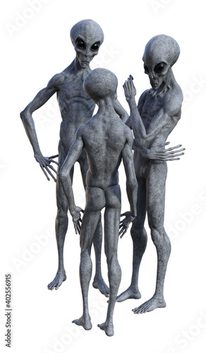 Illustration of a group of gray aliens standing around talking to each other in various poses isolated on a white background. © Bert Folsom