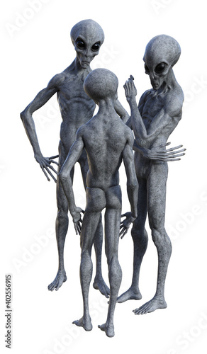 Illustration of a group of gray aliens standing around talking to each other in various poses isolated on a white background.