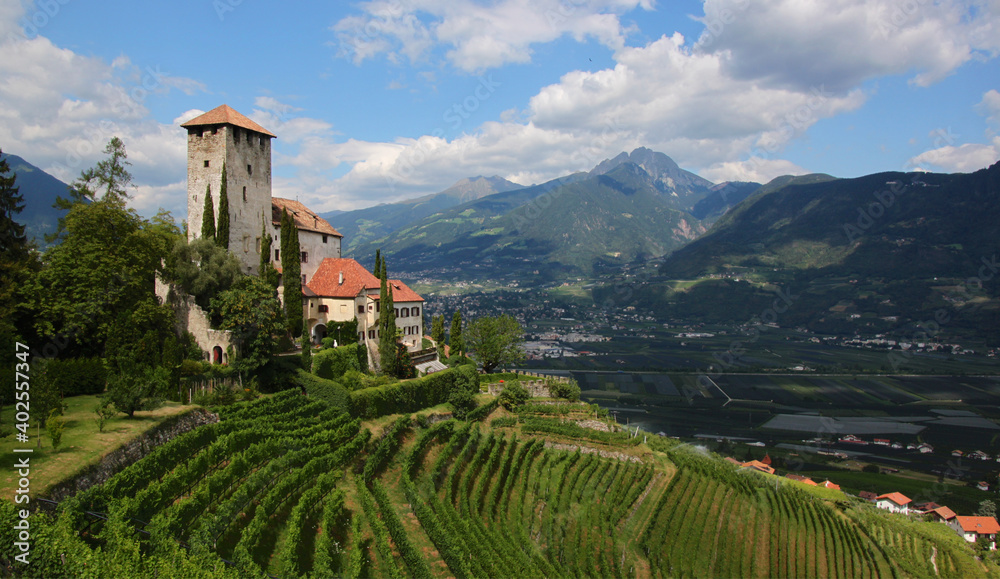 Old medieval Lebenberg Castle on top of some vineyards in the village of Tscherms near Merano, South Tyrol in Italy - obrazy, fototapety, plakaty 