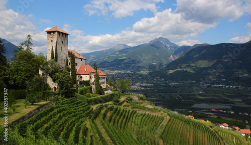 Old medieval Lebenberg Castle on top of some vineyards in the village of Tscherms near Merano, South Tyrol in Italy