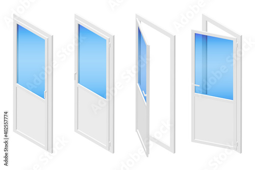 Set of isometric vector illustrations metal plastic PVC balcony doors or windows isolated on white background. Set of opened and closed glass balcony doors icons in flat cartoon style. Energy Saving. 