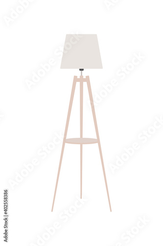 Tall lamp with wooden legs, floor lamp. Vector