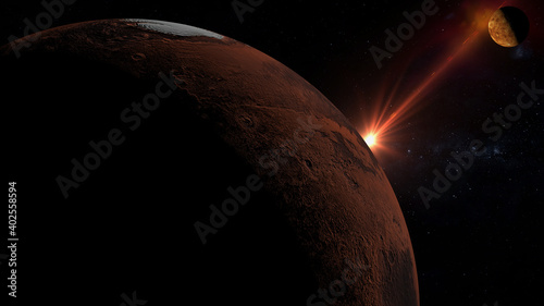 mars enters retrograde motion , conjunction of planets mars and venus 3d illustration photo