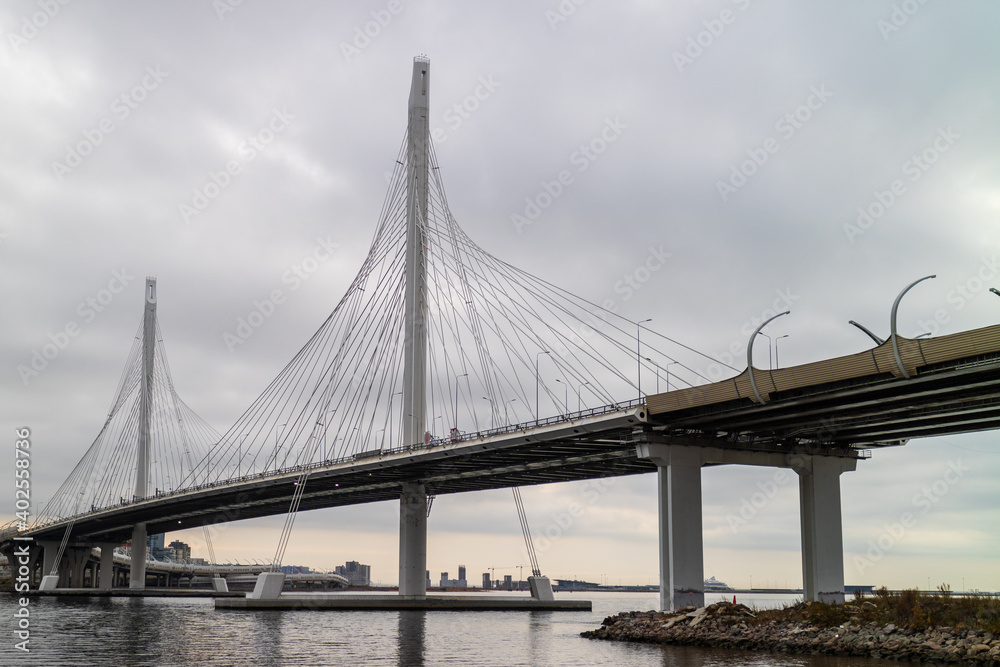 St. Petersburg. Russia, October 20, 2019. The cable-stayed bridge across the Petrovsky fairway of the western high-speed diameter.