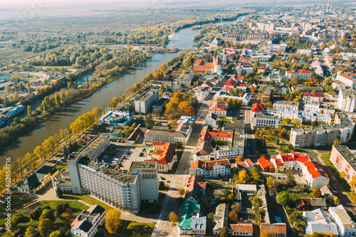 Pinsk, Brest Region, Belarus. Pinsk Cityscape Skyline In Autumn Morning. Bird's-eye View Of Residential Districts And Downtown