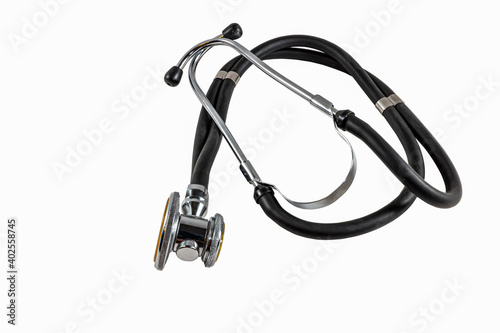 Stethoscope. Isolate. Top view, side view. Metal. Black.