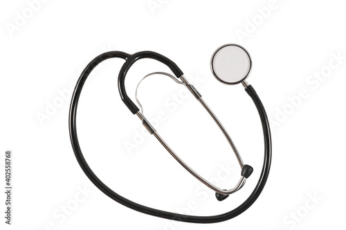 Stethoscope. Isolate. The view from the top. Metal. Black.