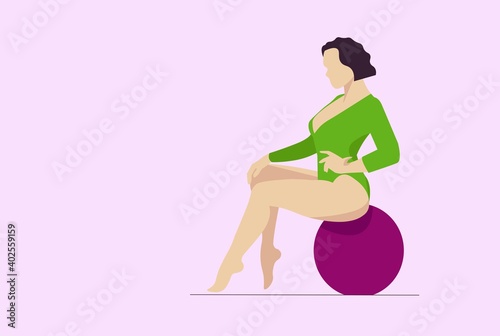 A beautiful brunette girl is engaged in fitness on a ball in a leotard. Flat vector illustration.