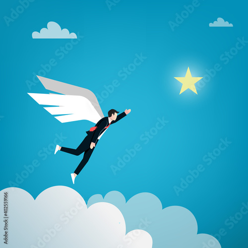 Businessman reach out for the star by using his wings symbol. Business symbol vector illustration