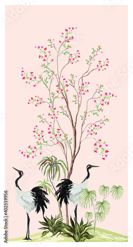 Beautiful exotic chinoiserie illustration wallpaper. Hand drew vintage Chinese rose trees, sakura peony flowers, heron bird. Floral screen border blue background.

